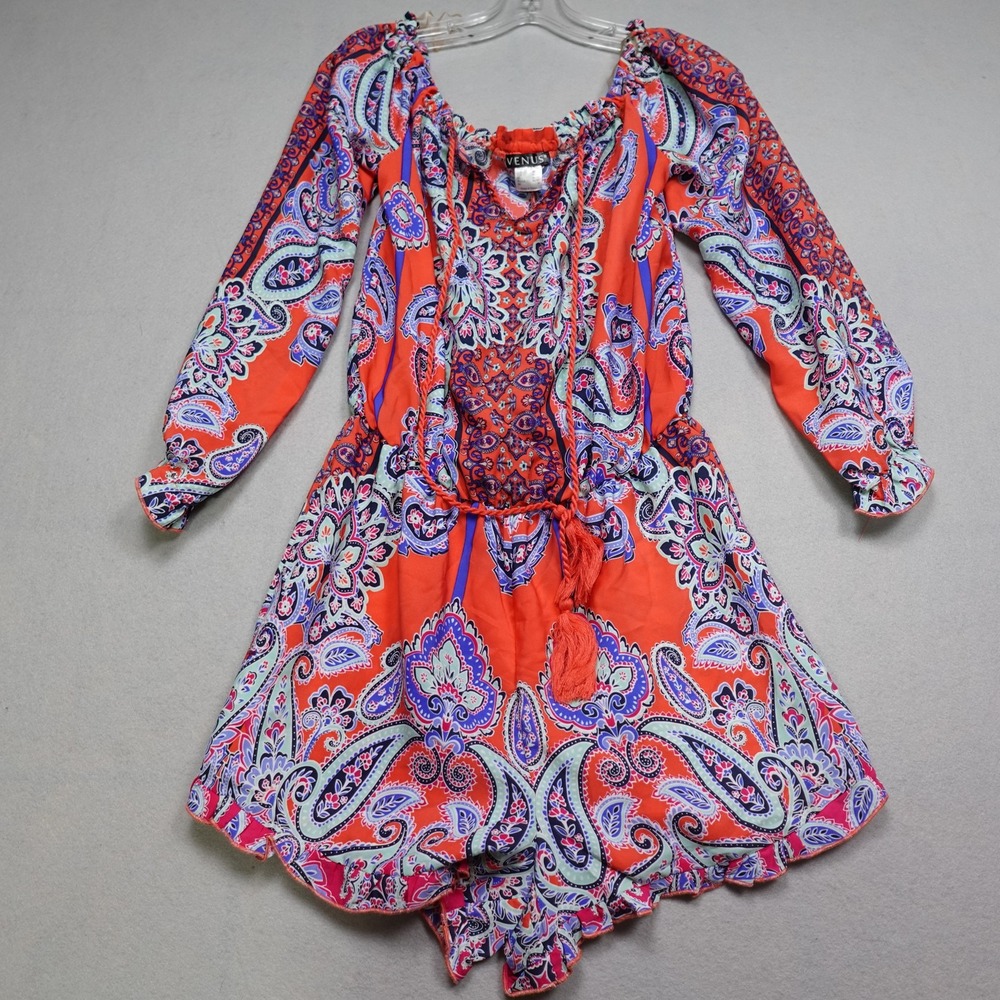 Venus Romper Womens M Orange Paisley Off Shoulder Sundress Puff Sleeve Tassel